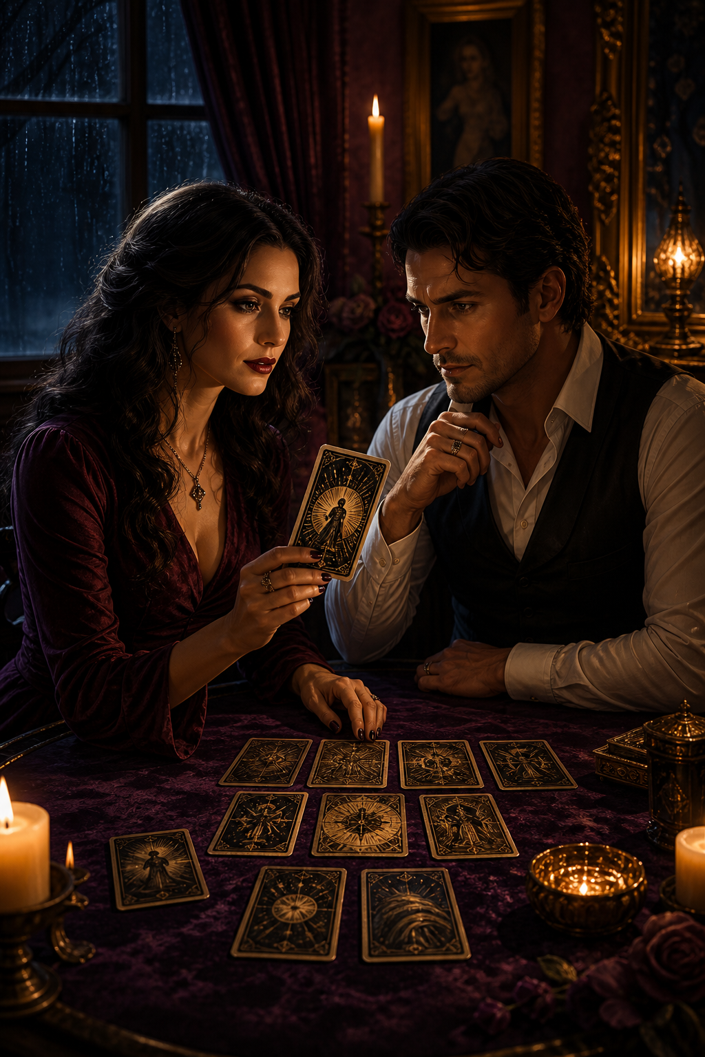 A tarot reader revealing the final card by candlelight