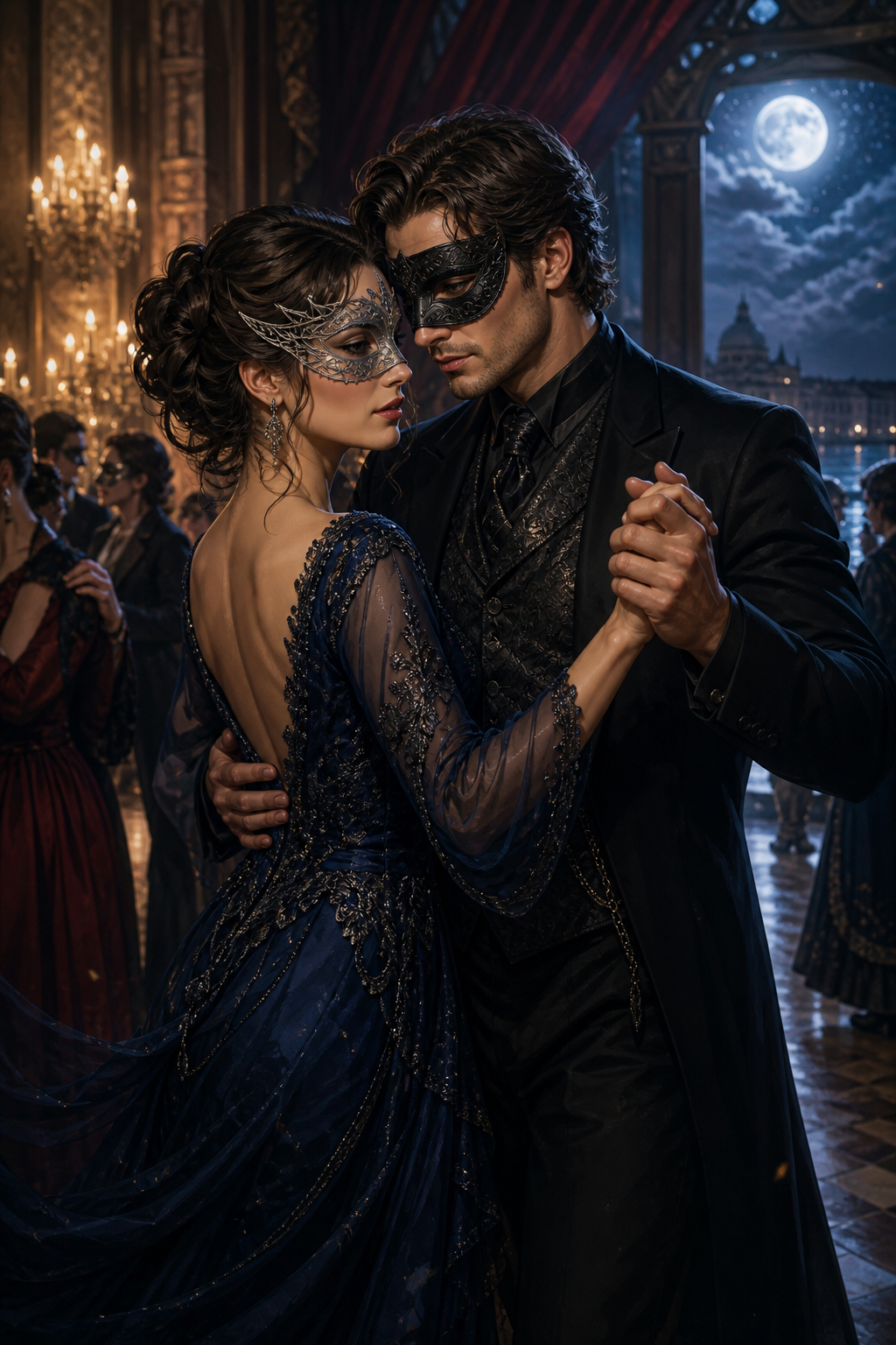 Two masked adults at a candlelit Venetian masquerade