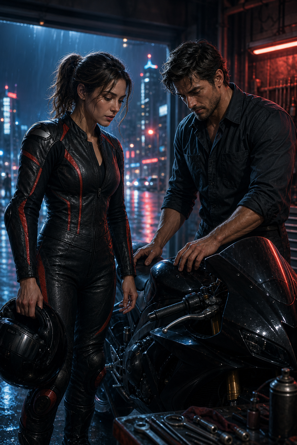 A racer and mechanic in a neon-lit garage after rain
