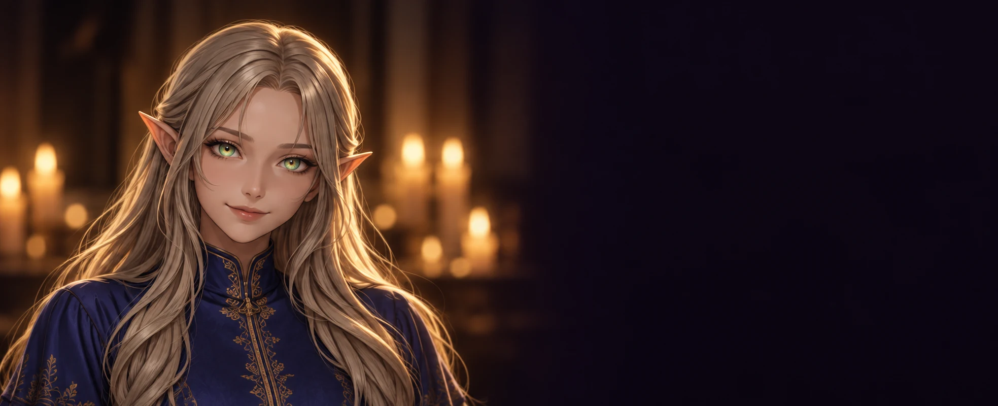 Fiona, an adult elven guardian with blonde hair and green eyes, in warm candlelight