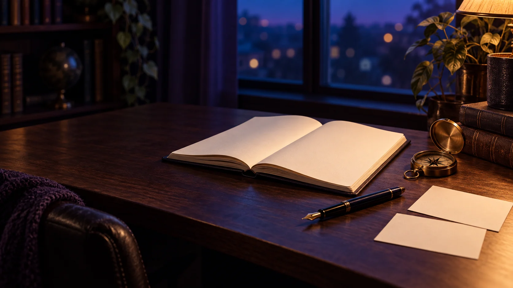 An open blank notebook, fountain pen and brass compass on a warmly lit writing desk